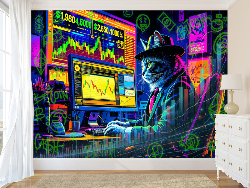 Strategy And Development Vinyl Wallpaper Peel and Stick "Holographic Hacker Cat", Desing For Bedroom And Office