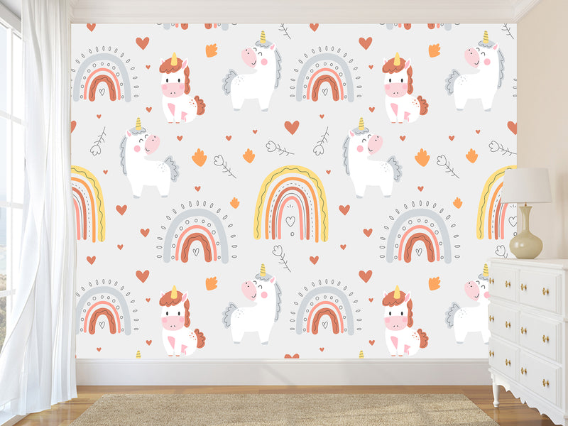 Peel and stick mural on the wall for the kid room Rainbow Unicorn Wallpaper for Kids – Cute & Magical Tots Wall Design