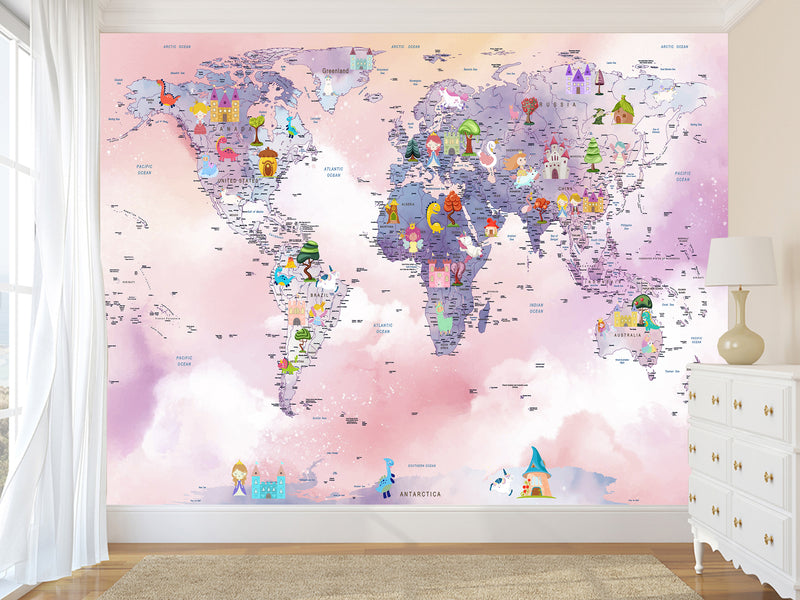 Self-Adhesive Kids Wallpaper World Map In Purple And Pink Mural – Art Decor For Magical Kids' Room