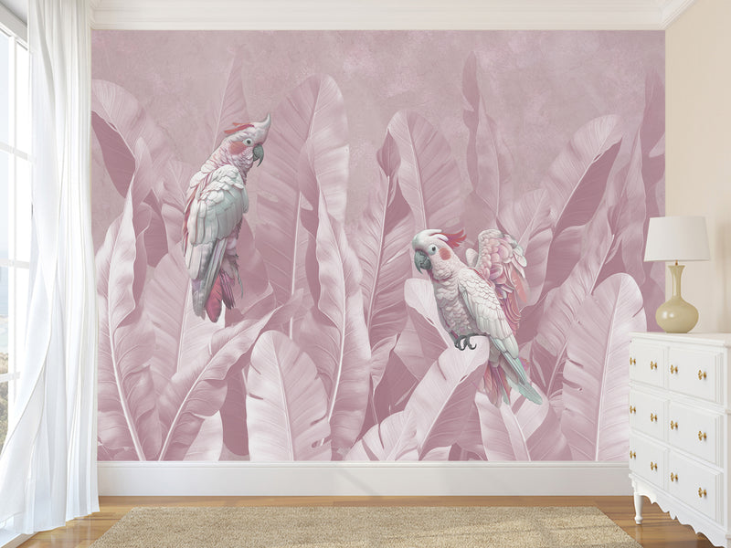 Tropical Pastel Botanical Print Peel and Stick Mural “Parrots in Palm Leaves” – Perfect for Decorating Bedrooms and Living Rooms