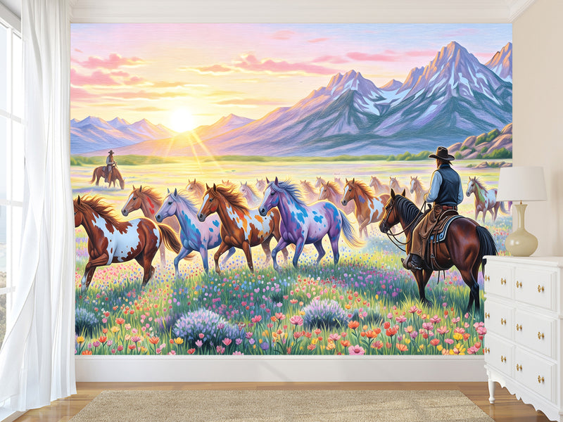 Wild West Art — Non-Woven Mural, Cowboys Watching a Herd of Horses, Wall Print for Office or Living Room