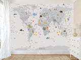 Peel and Stick Vinyl Wallpaper Minimalist Kids' World Map Mural in Grey – Wall Mural for Children’s Room