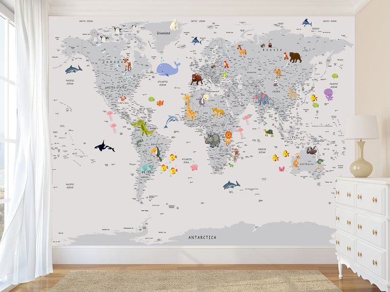 Peel and Stick Vinyl Wallpaper Minimalist Kids' World Map Mural in Grey – Wall Mural for Children’s Room