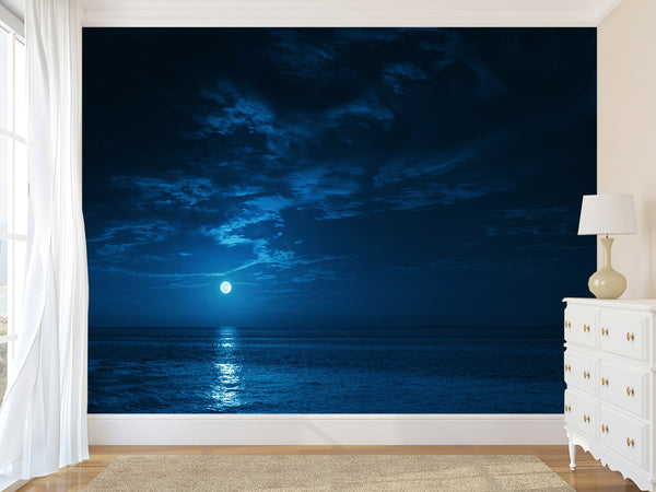 Non-Woven Mural Full Wall for Bedroom & Kitchen Print Moonlit Ocean at Night