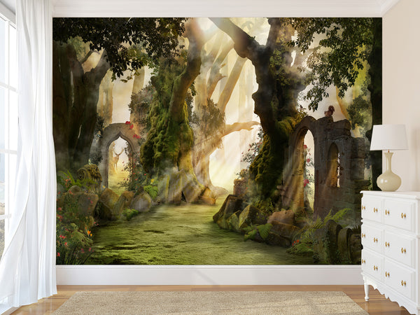 Unusual Traditional Full-Wall Wallpaper for Living Room, Kids' Room, or Bedroom – "Ruins in an Enchanted Forest"
