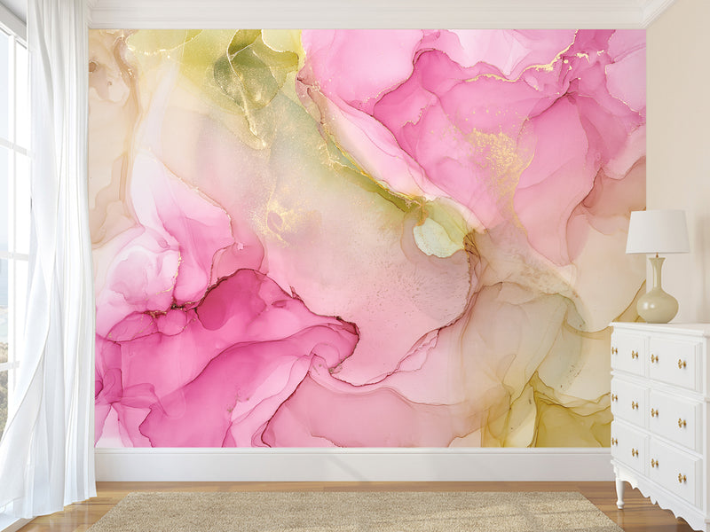 Pink and Green Abstract Intertwining. Self-Adhesive Wallpaper Art Print for Walls. Unique Abstraction Décor for Living Room or Hall "Abstract Flower Petal" 🌸
