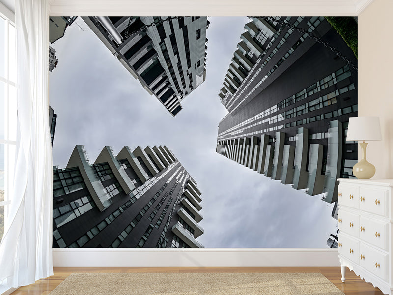 Urban Style Peel and Stick Full-Wall Wallpaper Looking Up at Skyscrapers Design for Living Room or Office