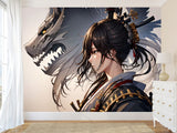 Traditional Anime-Style Wall Mural – "Samurai Girl" for Office or Living Room, Non-Woven Wallpaper