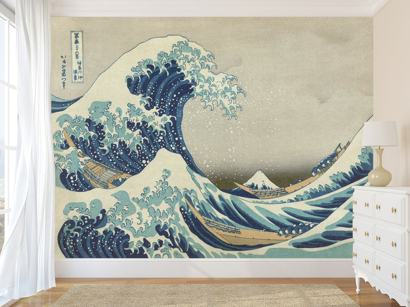 Non-Woven Full Wall Vintage Style Art Print Wallpaper, Japanese Style "The Great Wave Off Kanagawa"