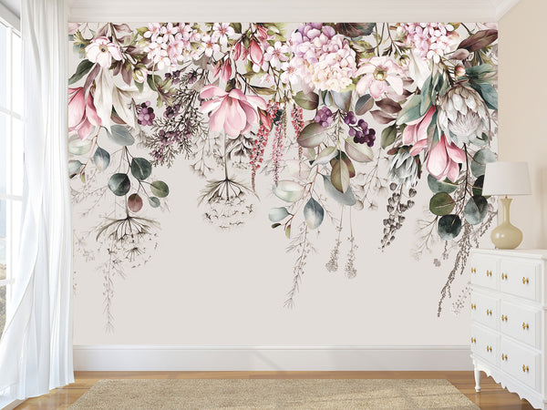 Floral Print Non-Woven Wallpaper – "Delicate Pink and White Flowers", Stylish Wall Mural for Home Interior
