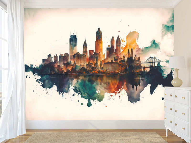 Full-Wall Mural Vinyl Wallpaper Peel and Stick Design For Workshop, Office, Or Hall “City In Watercolor”