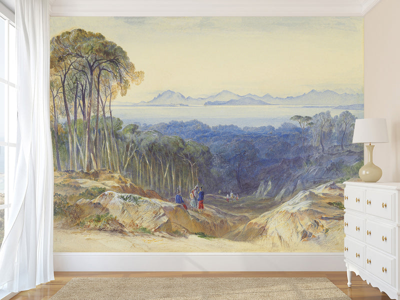 Self-Adhesive Full Wall Mural Accent French Riviera Landscape Wallpaper – Edward Lear for Living Room or Bedroom Design