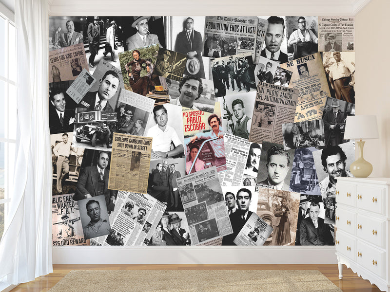 Traditional Mural Wallpaper for Gym, Office, or Lounge – "Gangster Poster Collage", Vintage Wallpaper Featuring Crime Bosses