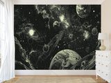 Vinyl Wallpaper Pell and  Stick Print For Living Room Or Bedroom, Full-Wall Design Mural “Cosmic Motion: Planets And Stars” — Perfect For An Accent Wall