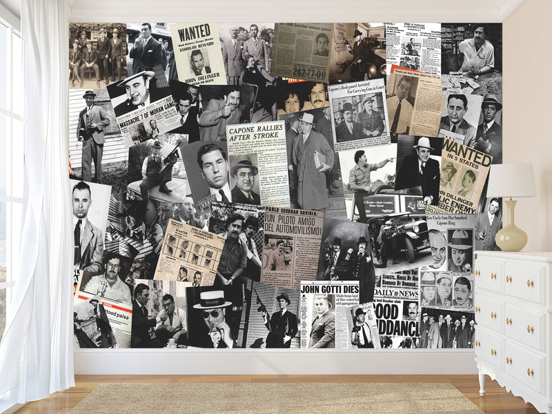 Peel and Stick Mural for Gym, Living Room, Workshop – "Gangsters and Mafia" Vintage-style Wallpaper Featuring Images of Crime Bosses