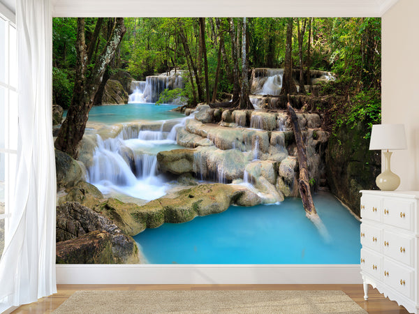 Natural Print Self-Adhesive Wall Murals – Full Wall Design for Hotel, Bedroom, Living Room "Forest Waterfall"