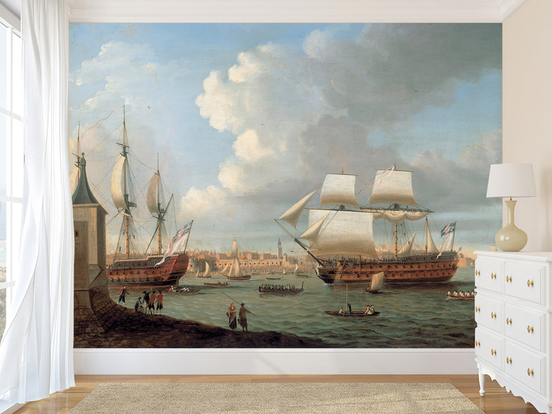Vintage High-Quality Self-Adhesive Wall Murals for Living Room, Bedroom, and Home Office, In-House Production, Vintage Style "Sailing Era Sea Port"