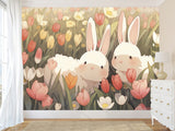 Vinyl Wallpaper Peel and Stick Mural for Kids' Room, Playroom, or Relaxation Area – "Bunnies in a Flower Field"