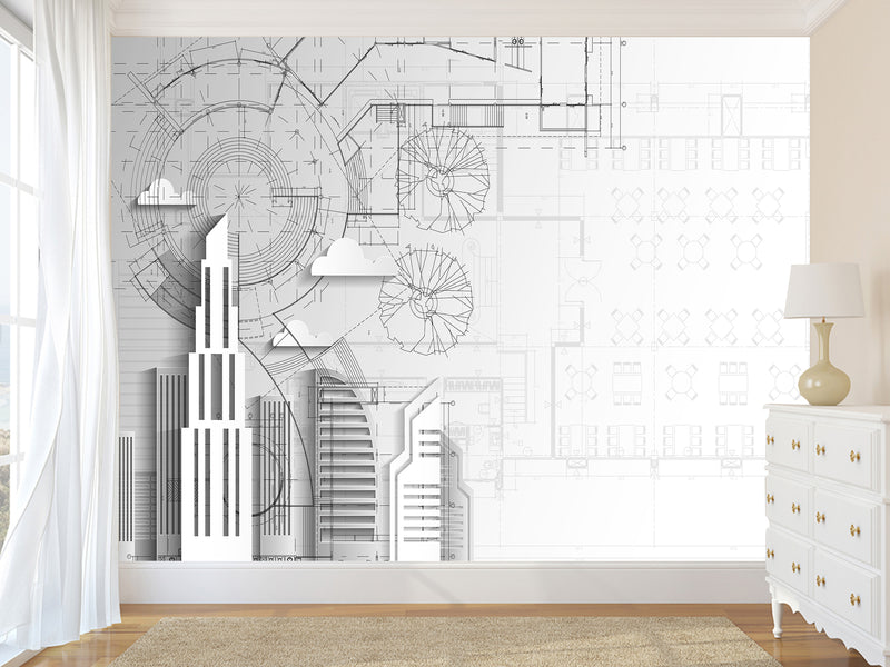 Traditional wallpaper wall art “City drawing" Wallpaper for Bedroom or Living Room