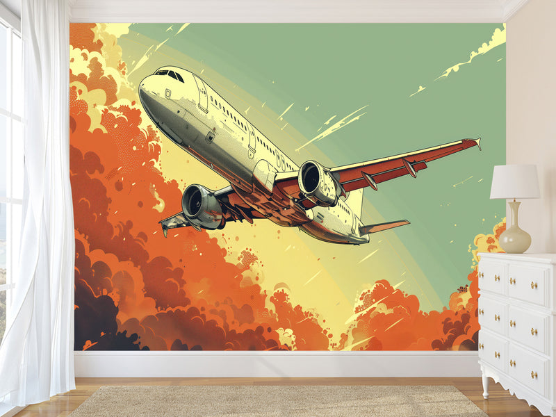 Self-Adhesive Wallpaper Art Design For Living Room, Office Full Wall "Red Clouds, Fast Wings of the Aircraft"