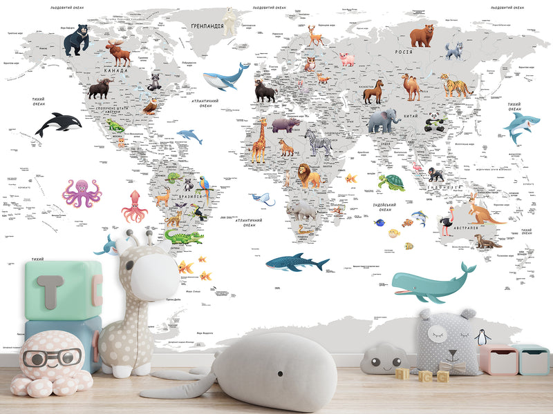 Decor for Kids room, Peel and Stick vinyl interactive World Map Wallpaper – Educational Design for Kids' Room
