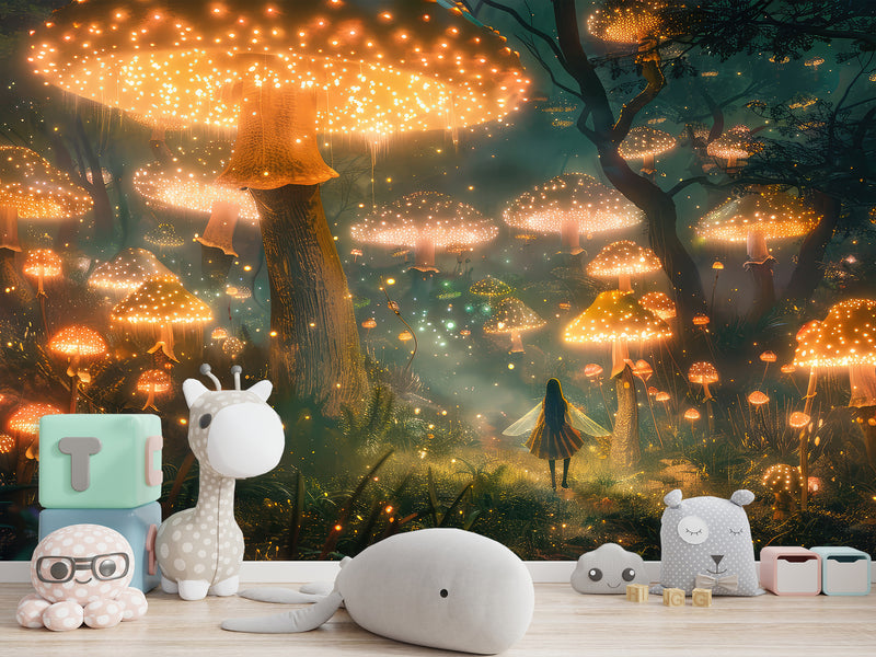Eco Non-Woven Mural for Kids Room Full Wall "Fairy in a Magical Mushroom Forest"