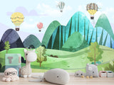 Traditional Full Wall Mural for Nursery or Kids Room Hot Air Balloon Forest Wallpaper