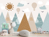 Self-Adhesive Wallpaper In Soft Colors For Kids Room "Balloon Flight Over The Mountains" Design For Playroom