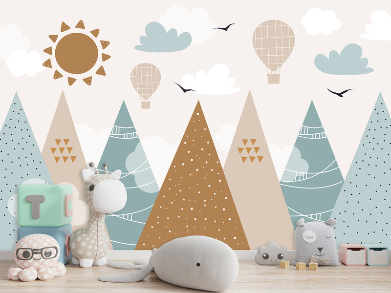 Self-Adhesive Wallpaper In Soft Colors For Kids Room "Balloon Flight Over The Mountains" Design For Playroom