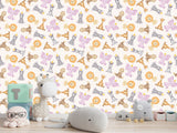 Baby Savannah Animals Self-Adhesive Wallpaper For Kids Room, Print With Lions, Elephants, Giraffes, And Monkeys