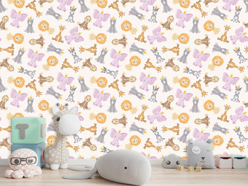 Baby Savannah Animals Self-Adhesive Wallpaper For Kids Room, Print With Lions, Elephants, Giraffes, And Monkeys