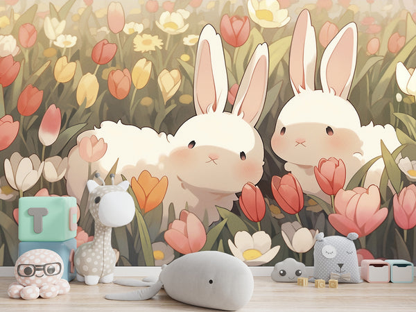 Vinyl Wallpaper Peel and Stick Mural for Kids' Room, Playroom, or Relaxation Area – "Bunnies in a Flower Field"