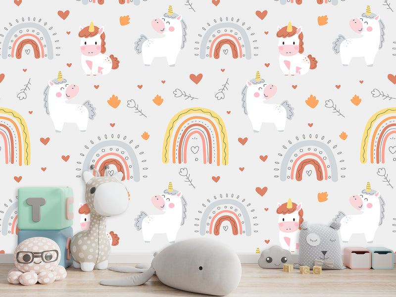 Peel and stick mural on the wall for the kid room Rainbow Unicorn Wallpaper for Kids – Cute & Magical Tots Wall Design