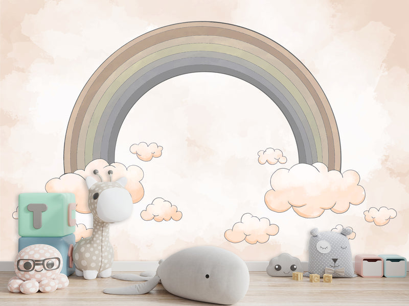 Non-Woven Wallpaper Kids Room Design – Rainbow Among Pink Clouds, Wall Decor For Boys And Girls