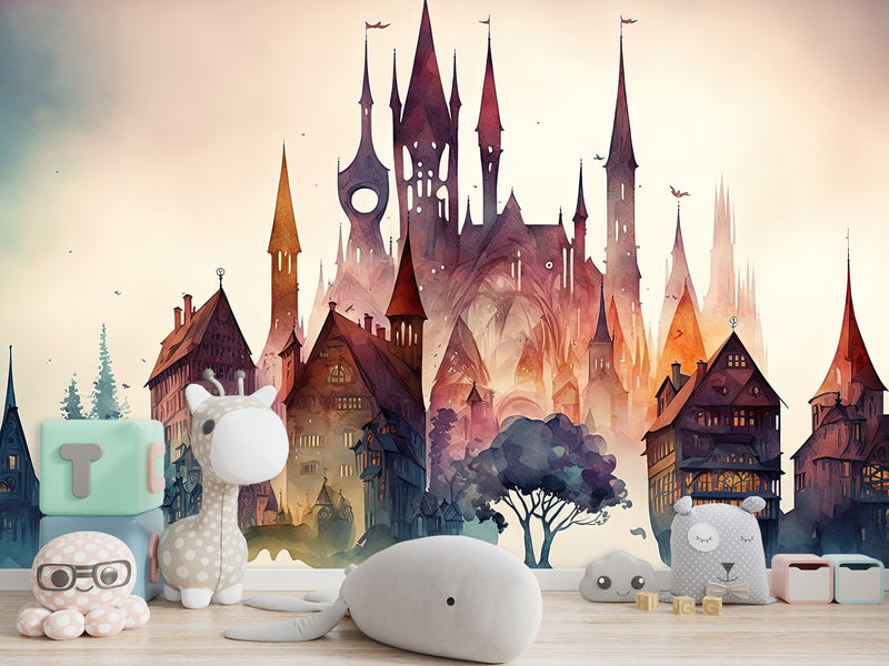Peel and Stick Wall Mural Art Decor for Kids' Room or Playroom – Fairy Tale Town on a Hill
