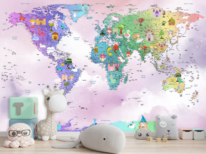 Peel and Stick Vinyl Wallpaper Rainbow-Colored Kids' World Map Mural – Interactive Print for Kids' Room
