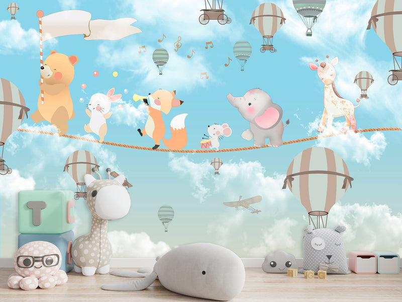 Non-Woven Photo Wallpaper for Kids' Room Circus Animals on a Rope Soft & Gentle Design