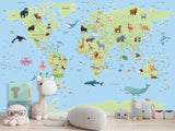 Self-Adhesive Kids' Wall Mural Full Size – Green World Map Design on Sky Blue Background