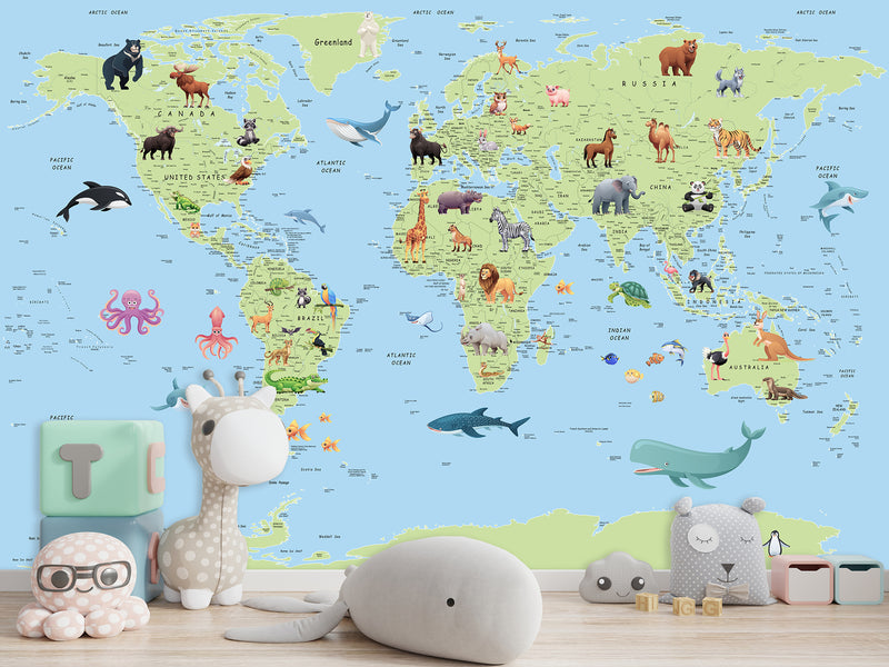 Self-Adhesive Kids' Wall Mural Full Size – Green World Map Design on Sky Blue Background