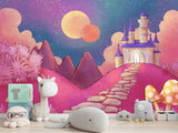 Vinyl Wallpaper Peel and Stick Mural Kids Room Decor Castle on a Pink Hill Pastel Color for Playroom