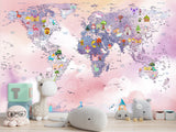 Self-Adhesive Kids Wallpaper World Map In Purple And Pink Mural – Art Decor For Magical Kids' Room