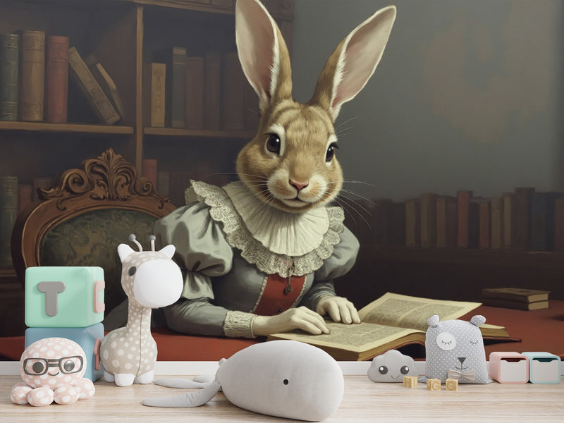 Wall mural Peel and Stick vinyl “Rabbit with a book”, vintage home decor