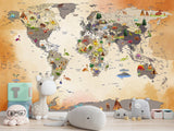 Non-Woven Mural 3D Effect Kids' World Map Wallpaper with Dinosaurs – Wall Mural for Children’s Room
