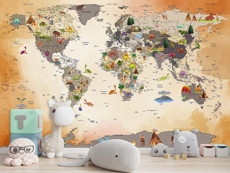 Non-Woven Mural 3D Effect Kids' World Map Wallpaper with Dinosaurs – Wall Mural for Children’s Room