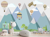Peel & Stick Mural Full Wall Print For Kids Room Hot Air Balloon Race Over Mountains