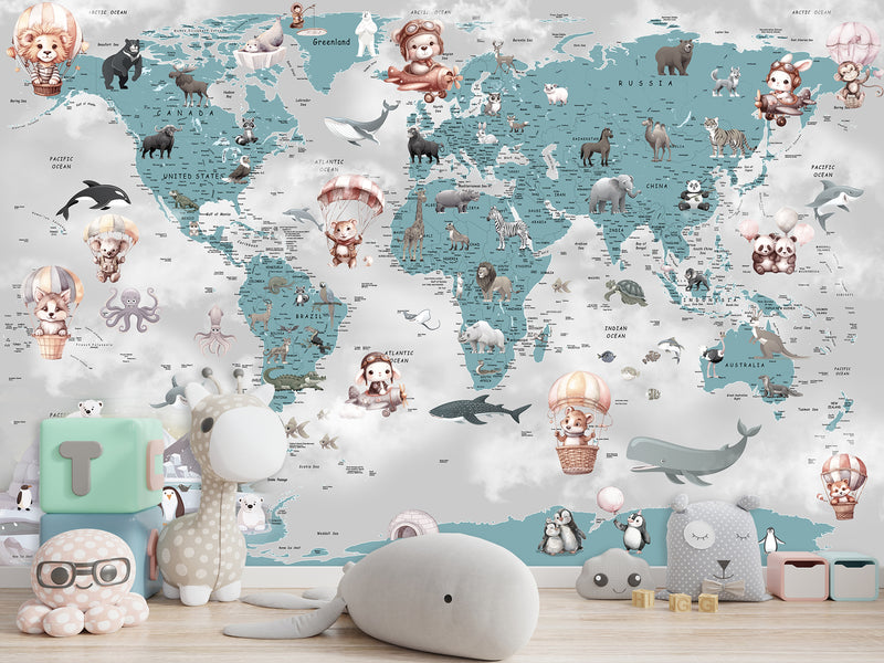 Decor for Kids room, Peel and Stick Vinyl with the pattern "Fun Educational World Map For Kids"