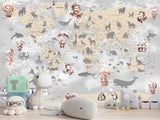 Decor for Kids room, Non-Woven Mural Wall-Sized Wallpaper "Kids' World Map With Hidden Animals"