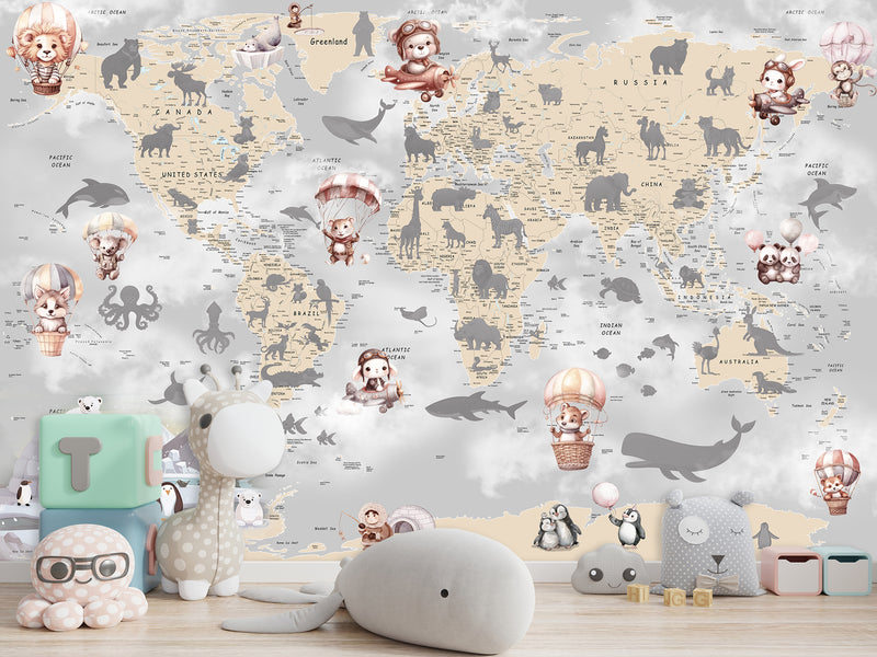 Decor for Kids room, Non-Woven Mural Wall-Sized Wallpaper "Kids' World Map With Hidden Animals"