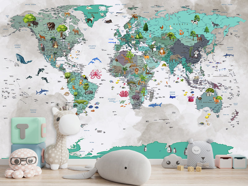 Non-Woven Wallpaper Full Wall Mural Kids World Map Wallpaper – Educational & Colorful Wall Decor