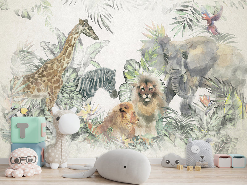 Peel and Stick Vinyl Wallpaper Kids Wall Mural – African Safari Animals Full Wall Mural Print